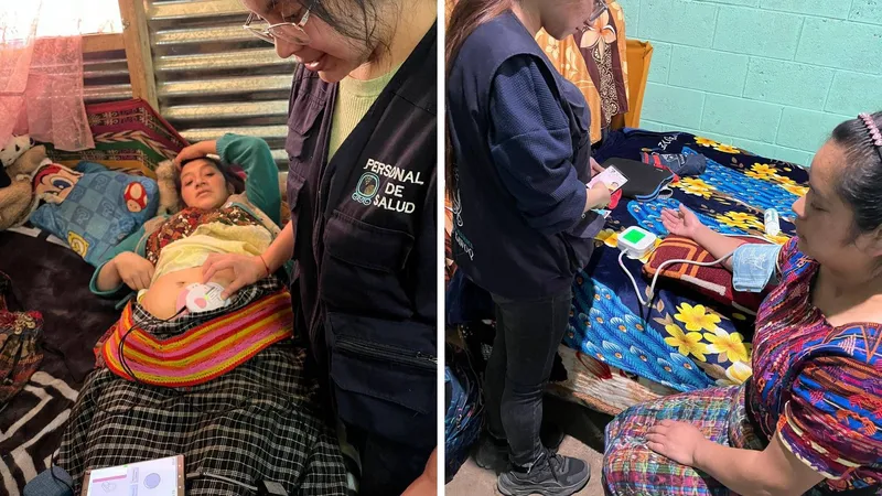 A MoMDUS field technician records a fetal Doppler reading during a home prenatal visit; alongside, a technician measures a mother's blood pressure.